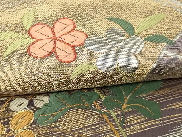 平和屋本店▼「美しいキモノ」お馴染みのメーカー　となみ織物　六通柄袋帯　扇面草花文　純金箔　正絹　逸品　DABG9866sf