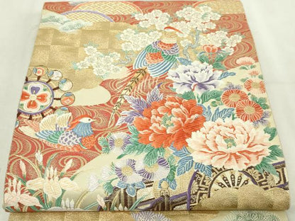 平和屋本店▼六通柄袋帯　唐織　金鶏花車文　九百錦24Ｋ本金箔　正絹　逸品　DABG9871sf