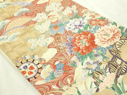 平和屋本店▼六通柄袋帯　唐織　金鶏花車文　九百錦24Ｋ本金箔　正絹　逸品　DABG9871sf