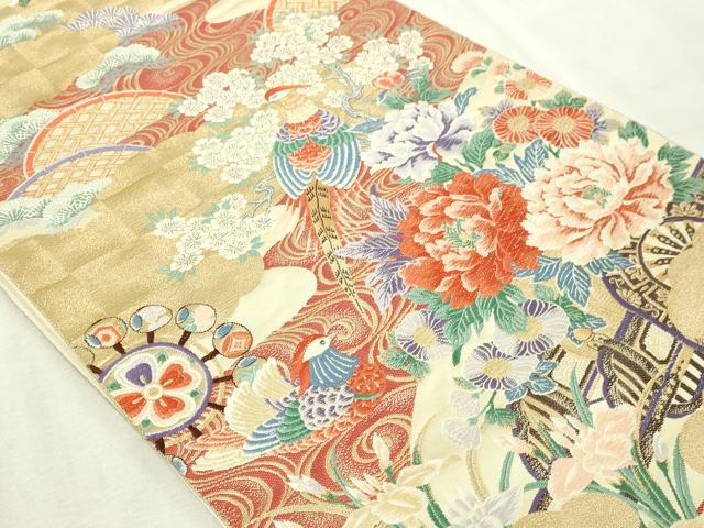平和屋本店▼六通柄袋帯　唐織　金鶏花車文　九百錦24Ｋ本金箔　正絹　逸品　DABG9871sf