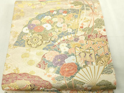 平和屋本店▼六通柄袋帯　扇面散し文　本金二重箔　正絹　逸品　DABG9874sf