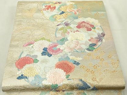 平和屋本店▼「美しいキモノ」お馴染みのメーカー　となみ織物　六通柄袋帯　草花文　純金箔　正絹　逸品　DABG9882sf
