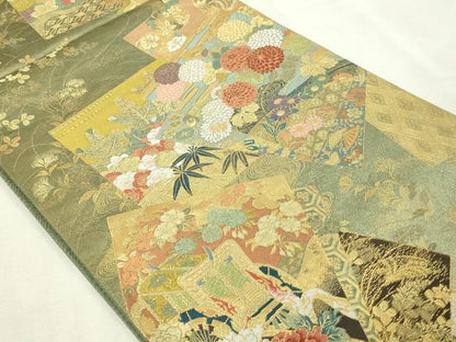平和屋本店▼六通柄袋帯　唐織　御所車色紙花文　本金箔　正絹　逸品　DABG9887sf