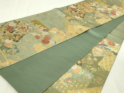 平和屋本店▼六通柄袋帯　唐織　御所車色紙花文　本金箔　正絹　逸品　DABG9887sf