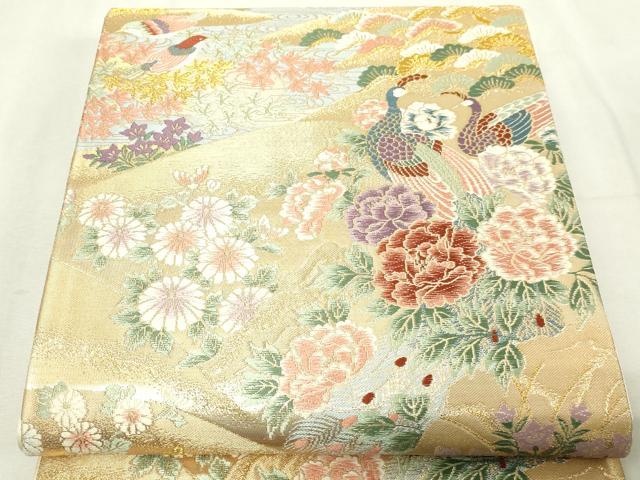平和屋本店▼六通柄袋帯　唐織　花鳥文　本金箔24ｋ　正絹　逸品　DABG9892sf