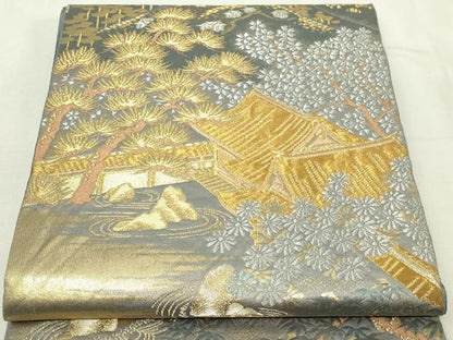 平和屋本店▼六通柄袋帯　風景文　本金箔二重織　正絹　逸品　DABG9899sf