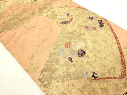 平和屋本店▼六通柄袋帯　錦繍　絵巻草花文　純金箔　正絹　逸品　DABG9943sf