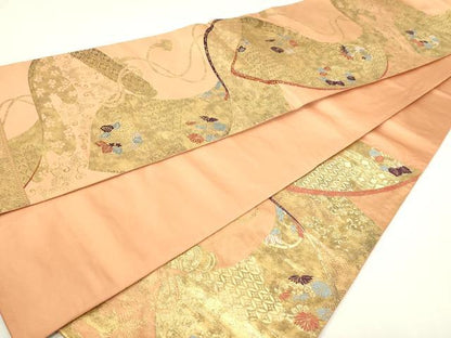 平和屋本店▼六通柄袋帯　錦繍　絵巻草花文　純金箔　正絹　逸品　DABG9943sf
