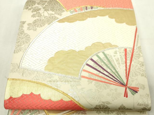 平和屋本店▼六通柄袋帯　唐織　優美錦　扇面草花文　本金銀二重箔　正絹　逸品　DABG9948sf