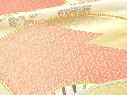 平和屋本店▼六通柄袋帯　唐織　優美錦　扇面草花文　本金銀二重箔　正絹　逸品　DABG9948sf