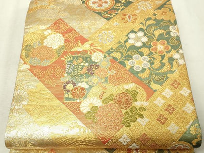平和屋本店▼六通柄袋帯　麗華錦　花鳥文　本金箔　正絹　逸品　DABG9961sf