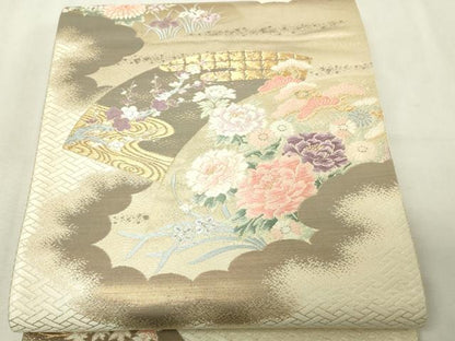 平和屋本店▼六通柄袋帯　唐織　地紙花文　弐捨四金二重織　正絹　逸品　DABG9962sf