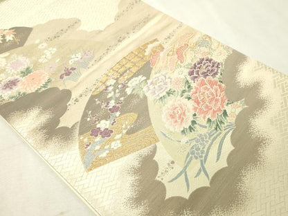 平和屋本店▼六通柄袋帯　唐織　地紙花文　弐捨四金二重織　正絹　逸品　DABG9962sf