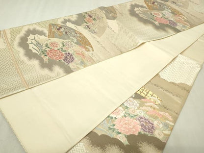 平和屋本店▼六通柄袋帯　唐織　地紙花文　弐捨四金二重織　正絹　逸品　DABG9962sf