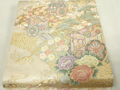 平和屋本店▼六通柄袋帯　老松御所扇文　本金箔　正絹　逸品　DABG9982sf