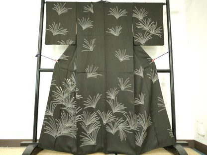 平和屋着物●訪問着　刺繍　松葉文　黒地　金糸　正絹　逸品　DABH0001op