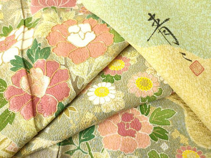 平和屋着物●京友禅の第一人者　松井青々　訪問着　駒刺繍　牡丹　道長花文　金銀彩　正絹　逸品　DABH0011op
