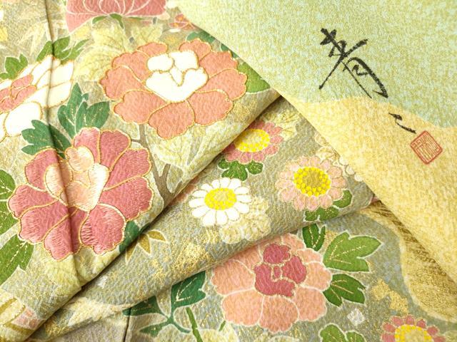 平和屋着物●京友禅の第一人者　松井青々　訪問着　駒刺繍　牡丹　道長花文　金銀彩　正絹　逸品　DABH0011op