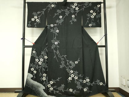 平和屋着物●訪問着　総絞り　枝花　黒地　正絹　逸品　DABH0013op