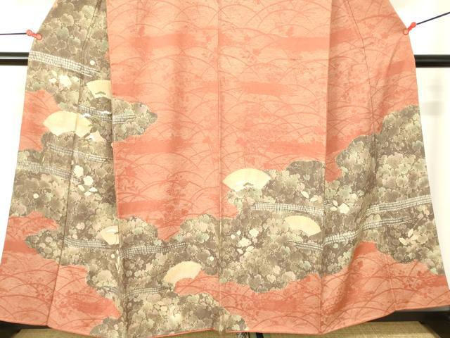 平和屋着物●訪問着　刺繍　絞り　風景地紙花松文　金彩　正絹　逸品　DABH0018op