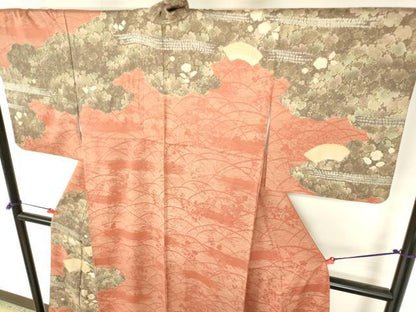 平和屋着物●訪問着　刺繍　絞り　風景地紙花松文　金彩　正絹　逸品　DABH0018op