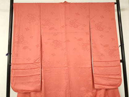 平和屋着物●振袖　貝桶花地紋　赤丹色　洗える着物　DABH0019op