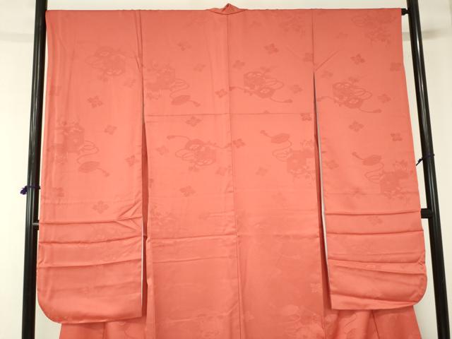 平和屋着物●振袖　貝桶花地紋　赤丹色　洗える着物　DABH0019op