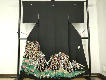 平和屋着物●豪華黒留袖　友禅　作家物　鴛鴦花文　正絹　逸品　DABH0021op
