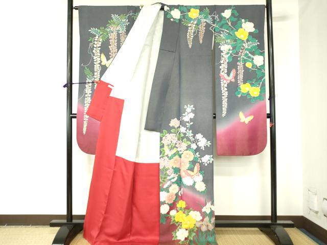 平和屋着物●豪華振袖　駒刺繍　舞蝶花文　暈し染め　金彩　金通し地　正絹　逸品　DABH0023op