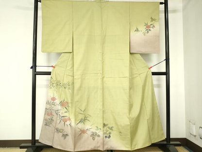 平和屋着物●訪問着　紬地　手描き　草花　暈し染め　金彩　正絹　逸品　DABH0033op