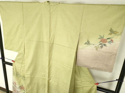 平和屋着物●訪問着　紬地　手描き　草花　暈し染め　金彩　正絹　逸品　DABH0033op
