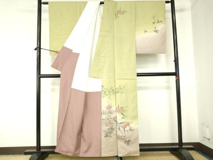 平和屋着物●訪問着　紬地　手描き　草花　暈し染め　金彩　正絹　逸品　DABH0033op