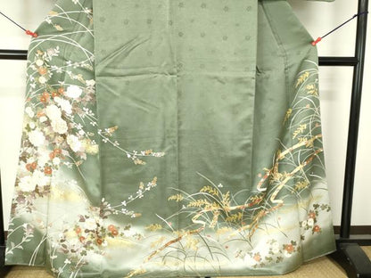 平和屋着物●訪問着　駒刺繍　牡丹　短冊花文　暈し染め　金彩　正絹　逸品　DABH0035op