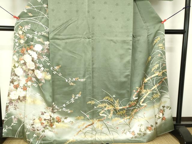 平和屋着物●訪問着　駒刺繍　牡丹　短冊花文　暈し染め　金彩　正絹　逸品　DABH0035op