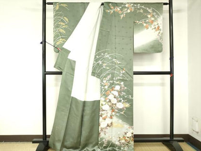 平和屋着物●訪問着　駒刺繍　牡丹　短冊花文　暈し染め　金彩　正絹　逸品　DABH0035op