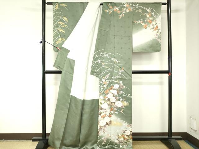 平和屋着物●訪問着　駒刺繍　牡丹　短冊花文　暈し染め　金彩　正絹　逸品　DABH0035op