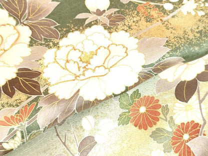 平和屋着物●訪問着　駒刺繍　牡丹　短冊花文　暈し染め　金彩　正絹　逸品　DABH0035op