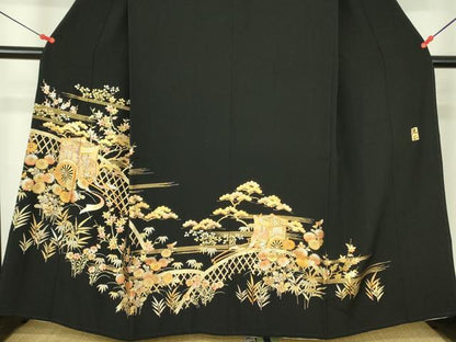 平和屋着物●金彩友禅　卓越技能者・名工・和田光正　黒留袖　御所車花松文　金銀彩　正絹　逸品　DABH0049op