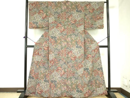 平和屋着物●上質な小紋　更紗花文　鬼しぼ縮緬　正絹　逸品　未使用　DABH0052op