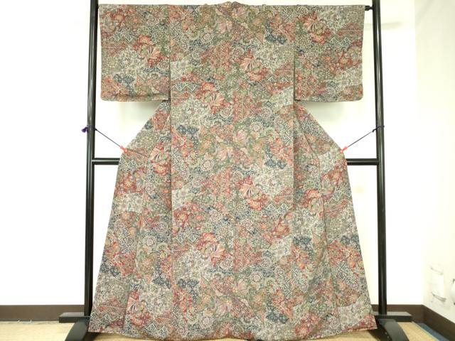 平和屋着物●上質な小紋　更紗花文　鬼しぼ縮緬　正絹　逸品　未使用　DABH0052op