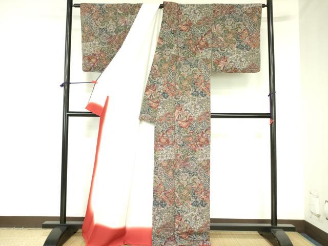 平和屋着物●上質な小紋　更紗花文　鬼しぼ縮緬　正絹　逸品　未使用　DABH0052op