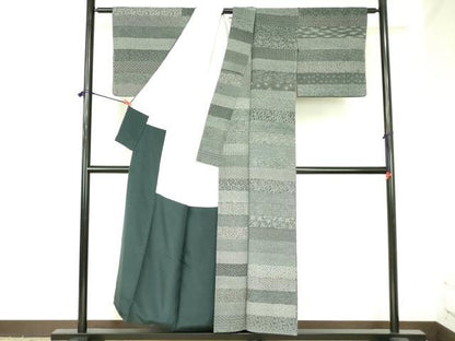 平和屋着物●小紋師　高津良治　江戸小紋　百柄　横段吉祥花文　黒地　正絹　逸品　DABH0064op