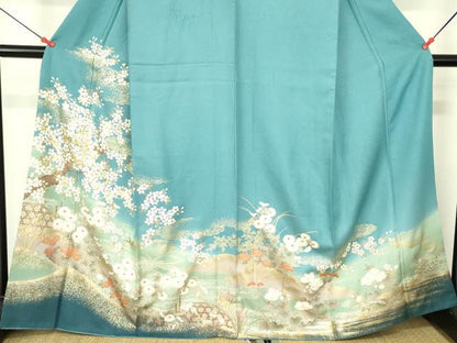 平和屋着物●訪問着　駒刺繍　枝桜　草花　暈し染め　金銀彩　正絹　逸品　DABH0067op