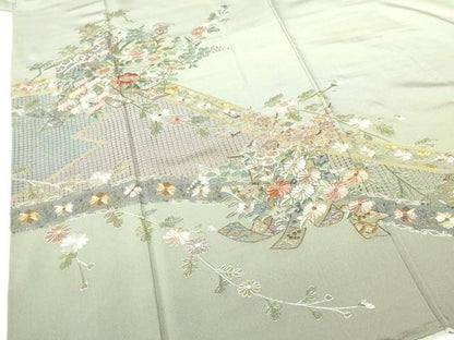 平和屋着物●中国三大刺繍　スワトウ刺繍　汕頭刺繍　総刺繍　訪問着　几帳花文　暈し染め　金彩　正絹　逸品　DABH0071op