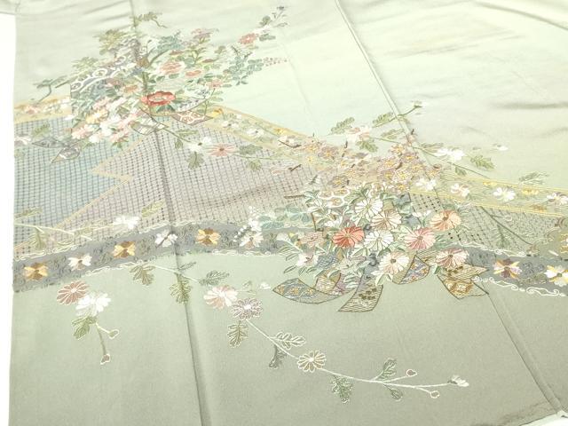 平和屋着物●中国三大刺繍　スワトウ刺繍　汕頭刺繍　総刺繍　訪問着　几帳花文　暈し染め　金彩　正絹　逸品　DABH0071op