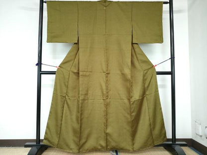 平和屋着物●上質なお召　七宝花地紋　青朽葉色　正絹　逸品　未使用　DABH0072op