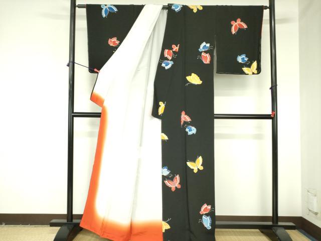 平和屋着物●上質な小紋　舞蝶文　鬼しぼ縮緬　黒地　正絹　逸品　未使用　DABH0075op