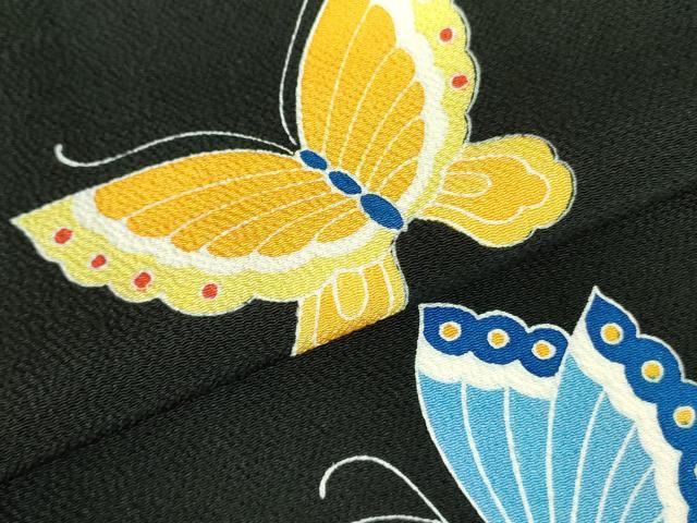 平和屋着物●上質な小紋　舞蝶文　鬼しぼ縮緬　黒地　正絹　逸品　未使用　DABH0075op