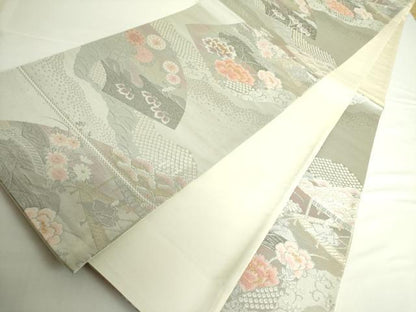 平和屋着物◎六通柄袋帯　風景花松文　金銀糸　正絹　逸品　DABH0088op