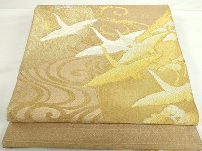 平和屋着物◎太鼓柄袋帯　綴れ　流水飛鶴文　金銀糸　正絹　逸品　DABH0095op